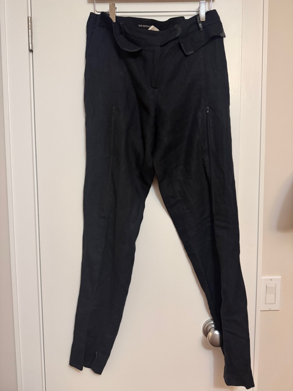 Emporio Armani Linen Black Cargo Leather Zip-Detail Pants women size 44